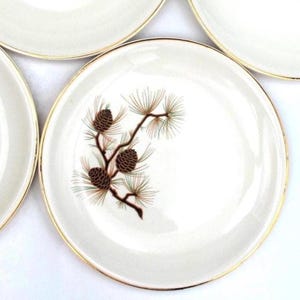 May include: A set of off-white ceramic plates with a gold rim. Each plate features a brown pine cone and branch design with green and tan accents. The plates are arranged on a white surface.