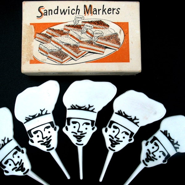 Vintage 1950s Sandwich Markers | Writable Sandwich Picks with Chefs Head | Original Box | Kitschy Cute