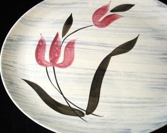 Stetson Rio Pink Tulip Gray Stripes 13 Inch Serving Platter | Pink Flower Platter | Stetson China | Mid Century Dinnerware | Vintage 1950s