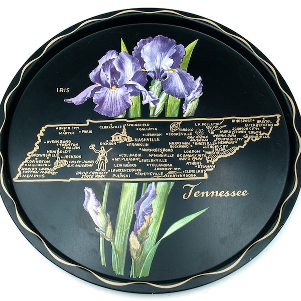 Tennessee Souvenir Tray | Black Decorative Metal Tray | State Map Tray | Vintage 1950s | Kitschy Collectible