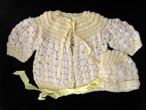 Crocheted Baby Sweater and Bonnet | Yellow and Wh… - image 1