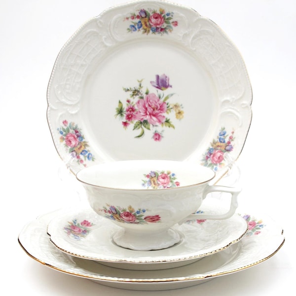 Rosenthal Continental Sanssouci White China | 4 Piece Set | Cup Saucer Salad Plates | Floral Design Gold Trim | Germany | Vintage 1950s