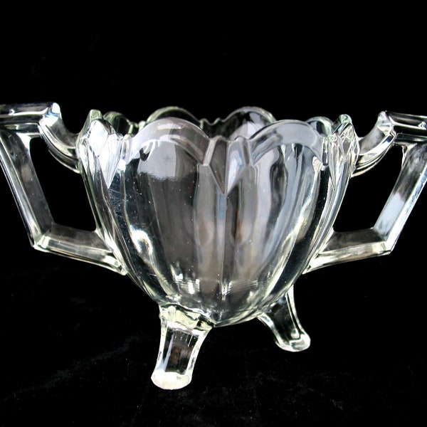 Indiana Glass Clear Footed Open Sugar Bowl | Colonial Panel | 3 Toed and Scalloped | Vintage 1910 | Clear Glass Sugar Bowl with Handles