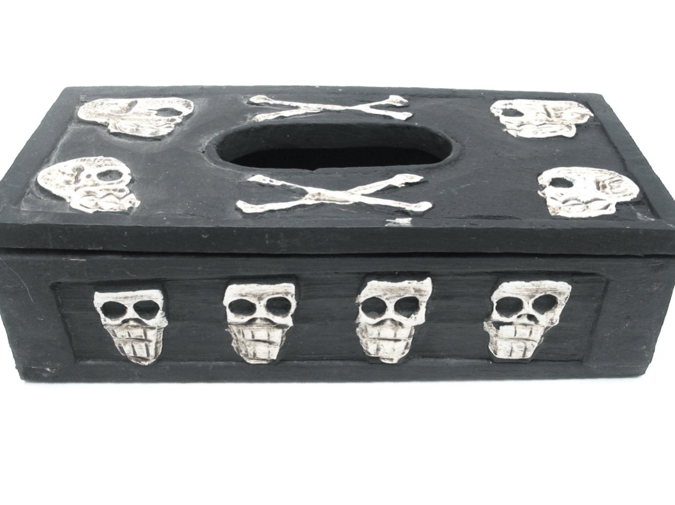 Skull Tissue Box | Black Wood Hinged Box with Skulls and Crossbones | Vintage 1990s Skull Decor | Bathroom Bedroom Decor