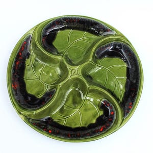 Santa Anita Ware Green with Orange California Pottery Serving Platter | Large 4 Section Party Server | Vintage 1960s | 13 In Appetizer Tray