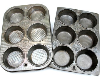 Pair of Muffin Tins | 6 Cup | Baking Tins or Cupcake Pans | Vintage 1950s | Mismatched Metal Bakeware | One Ekco