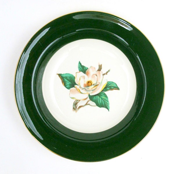 6 Homer Laughlin Lifetime China Jaderose Rimmed Soup Bowls | Green Rim Beige Flower | Vintage 1950s | Green Band 8 Inch Bowls | Set of 6
