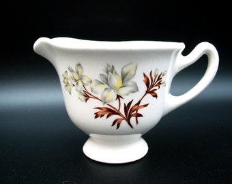 Vintage Footed Creamer or Small Sauce Server with Gray and Yellow Flowers and Brown Leaves | 1950s Mid Century Dinnerware