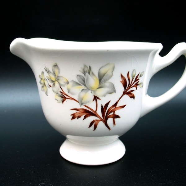 Vintage Footed Creamer or Small Sauce Server with Gray and Yellow Flowers and Brown Leaves | 1950s Mid Century Dinnerware