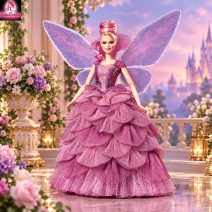 Puede incluir: Una muñeca con cabello rubio recogido, vestida con un vestido malva con un corpiño de textura detallada y una falda compuesta por volantes de tela plisada en capas. La muñeca tiene grandes alas moradas translúcidas unidas a la espalda.
