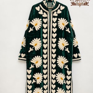 Handmade Velvet Kimono Jacket, Floral Embroidered Boho Duster, Long Robe, Artisan Clothing