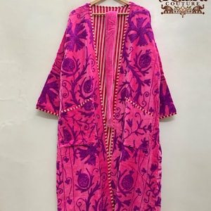 Handmade Velvet Kimono Jacket, Floral Embroidered Boho Duster, Long Robe, Artisan Clothing