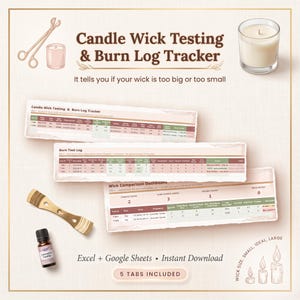 May include: A digital Candle Wick Testing & Burn Log Tracker spreadsheet with tabs for testing, burn logs, and a comparison dashboard. Includes icons of wick trimmers, a candle, a gold wick centering tool, and a bottle of lavender vanilla oil.