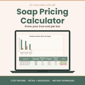 May include: A digital soap pricing calculator displayed on a laptop screen. The interface features a bar graph titled Profit per batch and a table showing wholesale prices, profit margins, and status for Lavender, Charcoal, and Goat Milk soap bars.