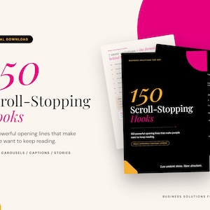 Op de afbeelding: Een digitaal downloadproduct met 150 Scroll-Stopping Hooks. De tekst bevat 150 powerful opening lines that make people want to keep reading, Reels, Carousels, Captions, Stories en Business Solutions For Her op een zwart-wit document.
