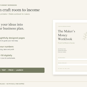 Könnte beinhalten: Das Maker's Money Workbook ist ein druckbares und ausfüllbares Arbeitsbuch mit 48 Seiten in sechs Abschnitten. Das Deckblatt zeigt den Titel, eine Blattillustration und Felder für Geschäftsdaten. Es enthält US-Letter-Arbeitsblätter.