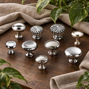 May include: A collection of nine polished silver-toned metal cabinet knobs in various shapes and sizes. Some knobs feature smooth, rounded surfaces, while others have fluted or ribbed detailing. Each knob has a central stem and a circular base.