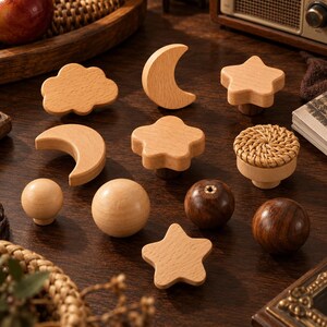 Solid Wood Cabinet Knobs, Black Walnut & Beech Wood Drawer Pulls, Japandi Star Moon Cloud Knobs, Rattan Dresser Hardware