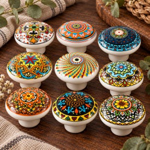 Tiradores de cerámica estilo boho para armarios, tiradores de cajones con mandala colorido, tiradores decorativos vintage para armarios de cocina, pomos para cómodas, herrajes para muebles.