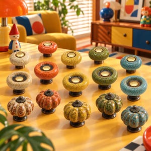 May include: A collection of ceramic cabinet knobs in various colors including orange, yellow, green, and blue. The knobs feature both smooth, round shapes and ribbed, pumpkin-like designs, all finished with a central metallic gold-tone accent.