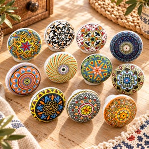 Tiradores de cerámica estilo boho para armarios, tiradores de cajones con mandala colorido, tiradores decorativos vintage para armarios de cocina, pomos para cómodas, herrajes para muebles.
