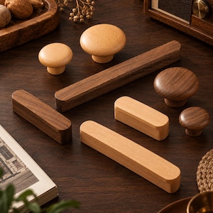 Japandi Wood Cabinet Handles, Solid Walnut & Beech Drawer Pulls, Minimalist Wardrobe Door Handles, Modern Wooden Hardware