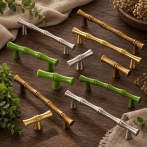 Pode incluir: Uma coleção de puxadores e maçanetas para armários com um design inspirado no bambu. O conjunto inclui vários acabamentos como prata escovada, ouro polido, bronze antigo e verde brilhante, todos moldados como caules de bambu.