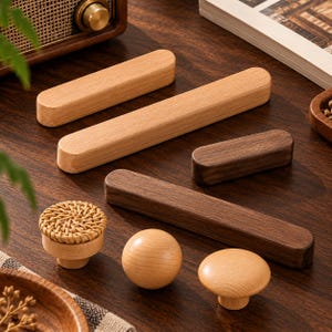 Solid Wood Cabinet Pulls, Black Walnut & Beech Drawer Handles, Japandi Wardrobe Handles, Minimalist Wooden Cabinet Hardware