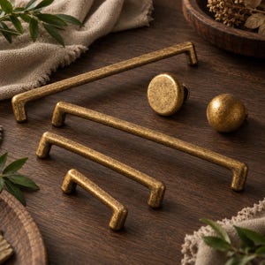May include: A collection of brass-toned cabinet hardware featuring three rectangular bar pulls of varying lengths and two round knobs, all displaying a textured, weathered finish on a dark wooden surface.