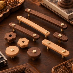 Solid Wood Cabinet Handles, Walnut & Beech Drawer Pulls with Brass Accents, Mid Century Modern Kitchen Hardware, Vintage Furniture Handles
