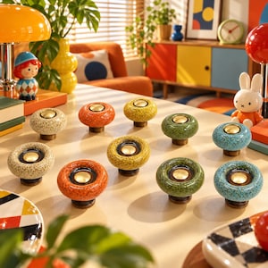 May include: A collection of ten round ceramic cabinet knobs featuring a speckled glaze in various colors including orange, yellow, green, and blue. Each knob has a smooth, circular top with a central gold-toned metal inlay and a dark base.