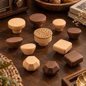 Tiradores de madera maciza para armarios, tiradores de nogal y haya para cajones, tiradores de ratán, herrajes minimalistas Japandi para armarios y cómodas de cocina.