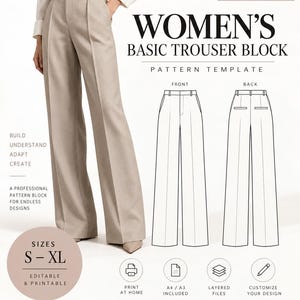 Può includere: Un cartamodello digitale per pantaloni, che mostra un paio di pantaloni beige a gamba larga con vita alta e pieghe frontali. Il grafico include disegni tecnici al tratto delle viste anteriore e posteriore, etichettato come blocco base in taglie S-XL.