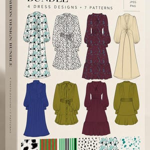 Könnte beinhalten: Eine digitale Produktbox mit der Aufschrift Fashion Design Bundle, die 4 Kleiderdesigns und 7 Muster enthält. Die Box zeigt Illustrationen von langärmeligen Kleidern in verschiedenen Farben und Drucken sowie Muster von Textildesigns und Dateiformaten.