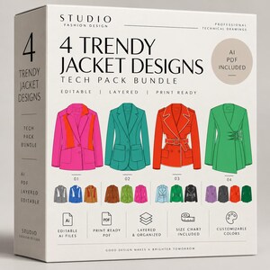 Puede incluir: Una caja de producto para un paquete de 4 diseños de chaquetas de moda. La caja muestra cuatro ilustraciones de chaquetas en rosa, verde azulado, naranja y verde, junto con texto que incluye AI PDF Included, Editable, Layered y Print Ready.