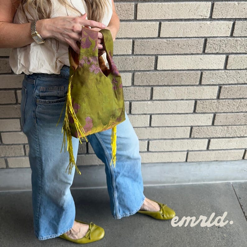 Chartreuse Knot Bag, Vintage Floral Handbag, Beaded Fringe Purse ...