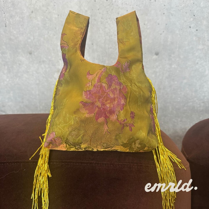 Chartreuse Knot Bag, Vintage Floral Handbag, Beaded Fringe Purse ...