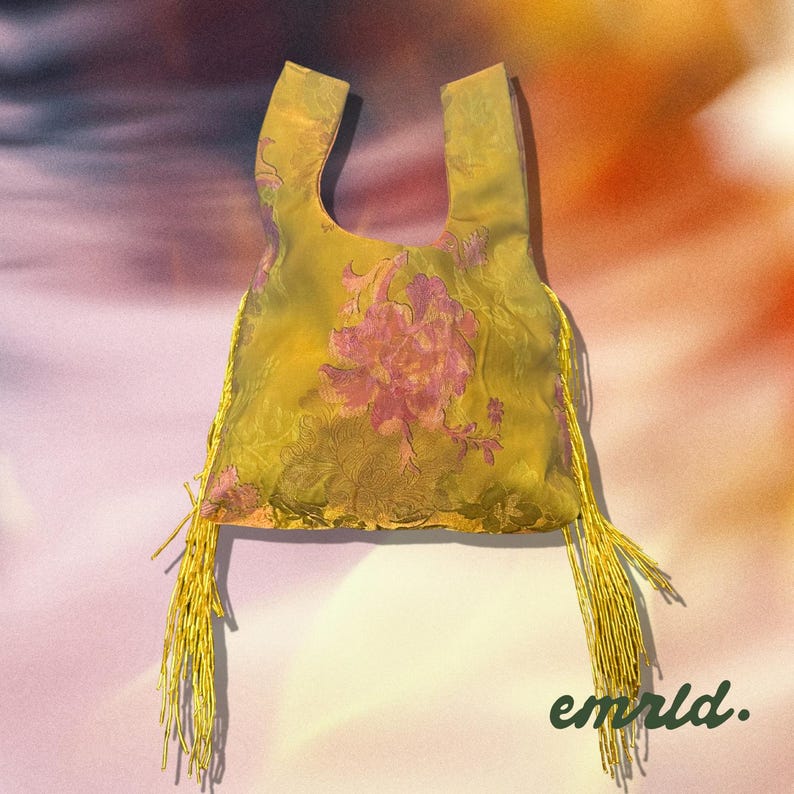 Chartreuse Knot Bag, Vintage Floral Handbag, Beaded Fringe Purse ...
