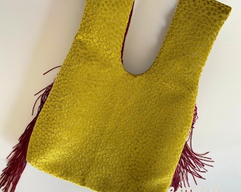 Chartreuse & Burgundy Knot Bag with Fringe, Chartreuse Knot Bag, Funky Fringe Purse, Handmade Statement Bag