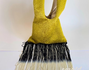 Chartreuse Knot Bag with Black & White Ombre Fringe, Chartreuse Knot Bag, Funky Fringe Purse, Handmade Statement Bag