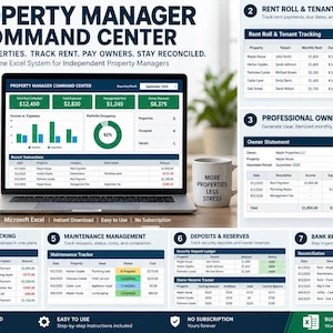 May include: A digital Property Manager Command Center dashboard displayed on a laptop screen, featuring Excel-based tools for rent rolls, tenant tracking, owner statements, income and expense tracking, maintenance management, and bank reconciliation.