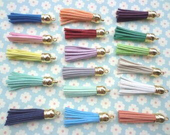 SALE--20 pieces Mixed color  Suede Leather Tassel With Gold color plastic Cap