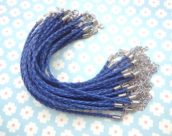 20 pcs 3mm 7 -9 inch adjustable royal blue  faux braided leather bracelet with white k fitting