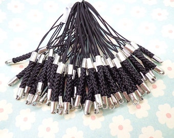 Cell Phone Strap Lanyard--20 pcs 70x3mm Black Lariat Lanyard Mobile Cell Phone Strap Chains Connectors With Silver Metal Top