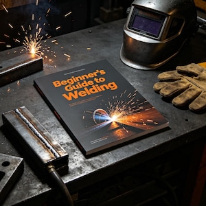 May include: A paperback book titled Beginner's Guide to Welding with a dark grey cover featuring orange text and an image of bright orange welding sparks. The book is placed on a metal workbench next to a welding helmet and tan leather gloves.