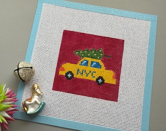 Christmas NYC Taxi | Handpainted Needlepoint Canvas | 4x4 | 13 Mesh