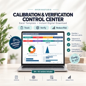 May include: A laptop screen displaying a Calibration & Verification Control Center Excel template. The dashboard features data tables, a pie chart, and bar graphs for tracking instrument status, calibration spend, and tolerance utilization metrics.
