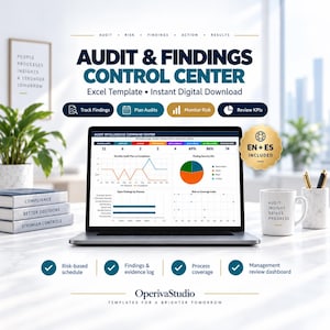 May include: A laptop displaying an Audit & Findings Control Center Excel template with data charts, graphs, and metrics. The screen shows an Audit Intelligence Command Center dashboard. Text includes Audit & Findings Control Center, Track Findings, Plan Audits, Monitor Risk, Review KPIs, and OperivaStudio.