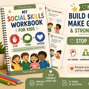 Könnte beinhalten: Ein spiralgebundenes Arbeitsbuch mit dem Titel My Social Skills Workbook for Kids, das Illustrationen von Kindern und pädagogische Symbole enthält. Das Cover zeigt den Text Stop, Think, Choose neben bunten Grafiken. 31 druckbare Seiten.