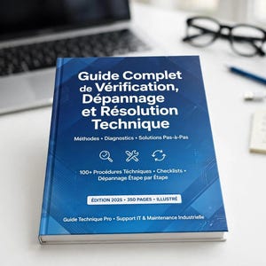 Pode incluir: Um manual técnico azul intitulado Guide Complet de Vérification, Dépannage et Résolution Technique. A capa apresenta texto branco, ícones e as etiquetas Édition 2025, 350 pages e illustré, fornecendo métodos, diagnósticos e soluções.